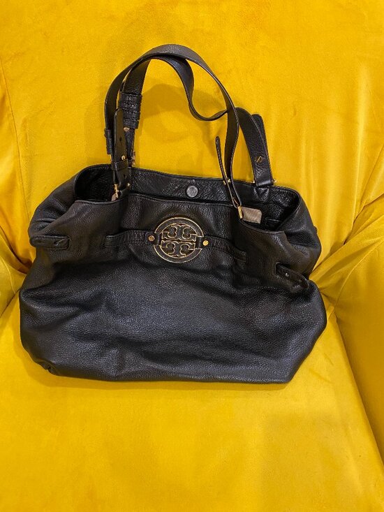 Tory Burch Handbags - Tory Burch Amanda Black Pebbled Leather Tote Bag Gold Logo Large Shoulder Handba